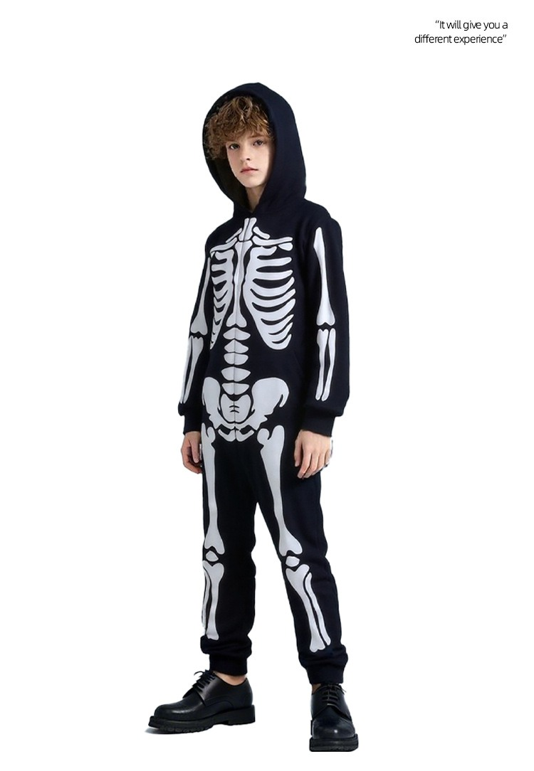 Halloween Kinderkostüm Totenkopf Skelett Weiß Leuchtendes Geisterkostüm Spiel Einteiliges Mit Kapuze Cos Kleidung Dekoration_voghion.com