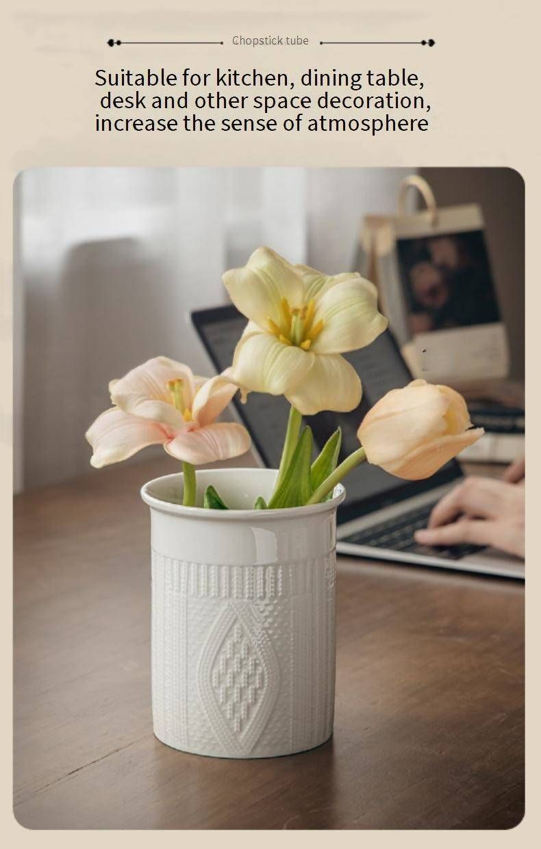 Ceramic Knife Holder With Embossed Sweater Design - Stylish Tabletop Organizer For Kitchen, Dining Room & Study Decor_voghion.com