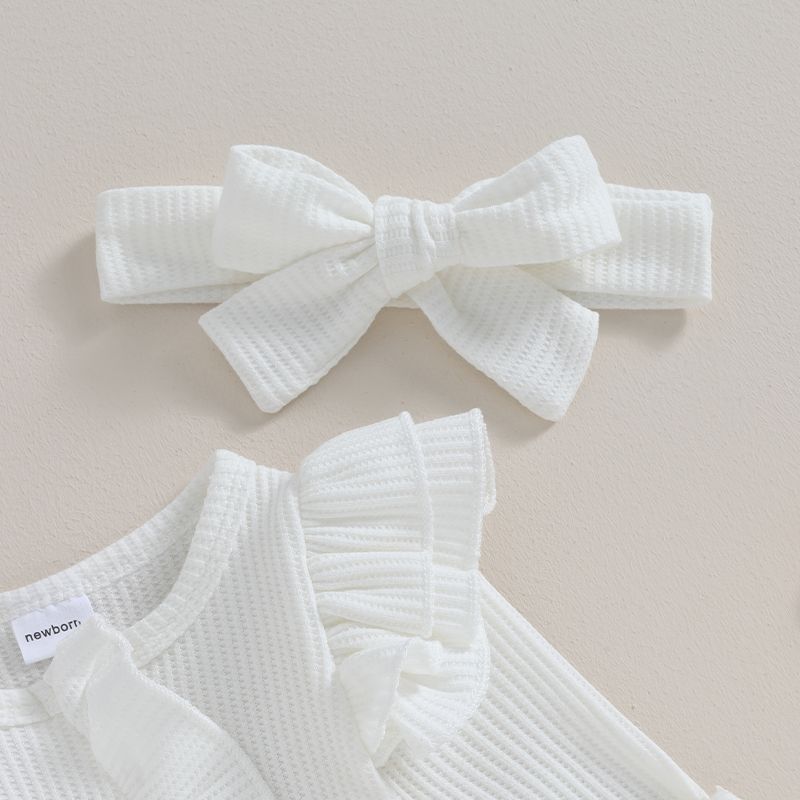 Pudcoco Infant Baby Girl Autumn Jumpsuit Solid Color Round Neck Flying Sleeve Ruffled Zipper Romper with Bow Headband 0-12M_voghion.com