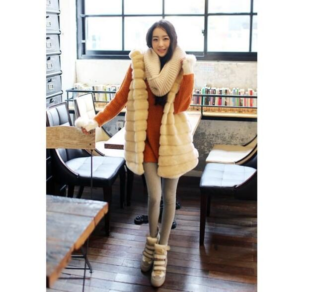 Cappotto con cappuccio in pelliccia imitazione pelliccia di coniglio di media lunghezza da donna_voghion.com