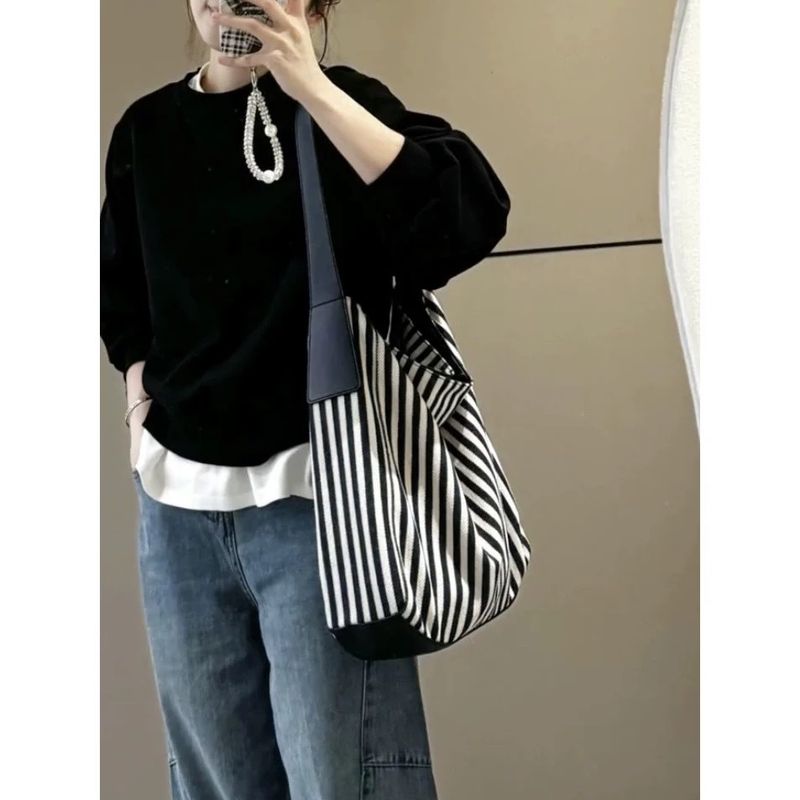 Borsa a tracolla grande capacità 2025, nuova borsa versatile in tela a righe, casual, da donna, da portare sottobraccio_voghion.com