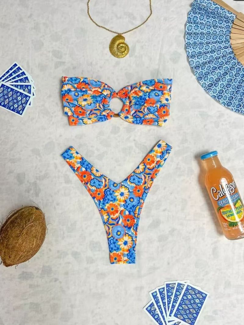 Damenbekleidung Mode Frischer Druck Ring Soft Pack Tube Top Bikini Split Badeanzug_voghion.com