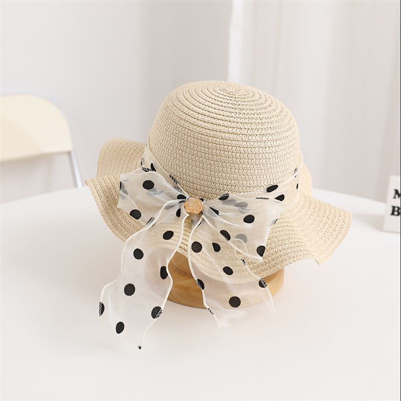Nuovo set di cappelli e borse parasole con fiocco coreano a pois e onde di paglia per bambini, dolce e carino_voghion.com