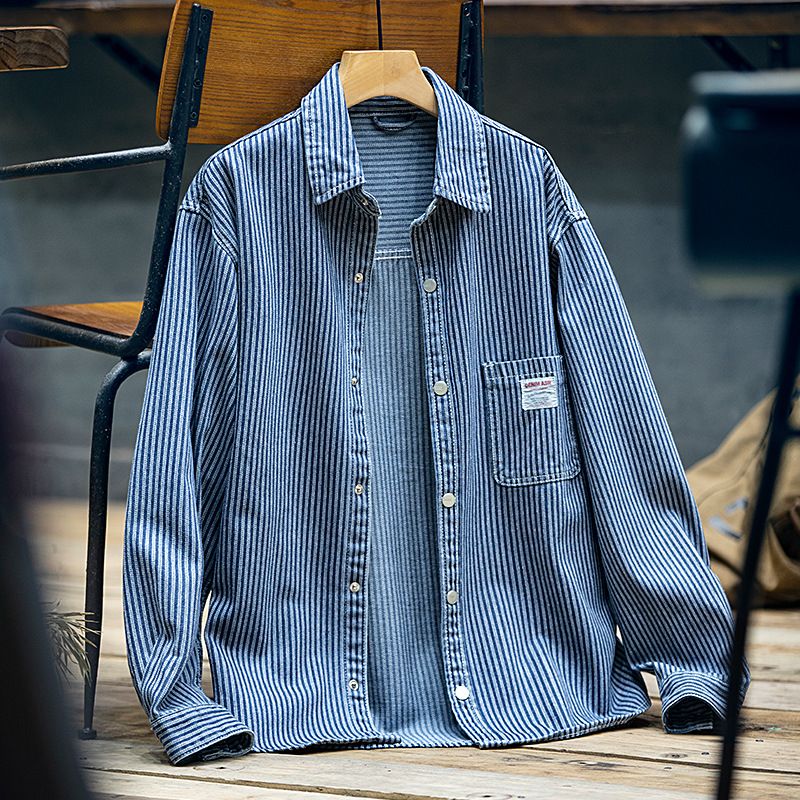 Camicia a righe spesse autunnali da uomo, casual, ampia, a maniche lunghe, da uomo, giacca_voghion.com