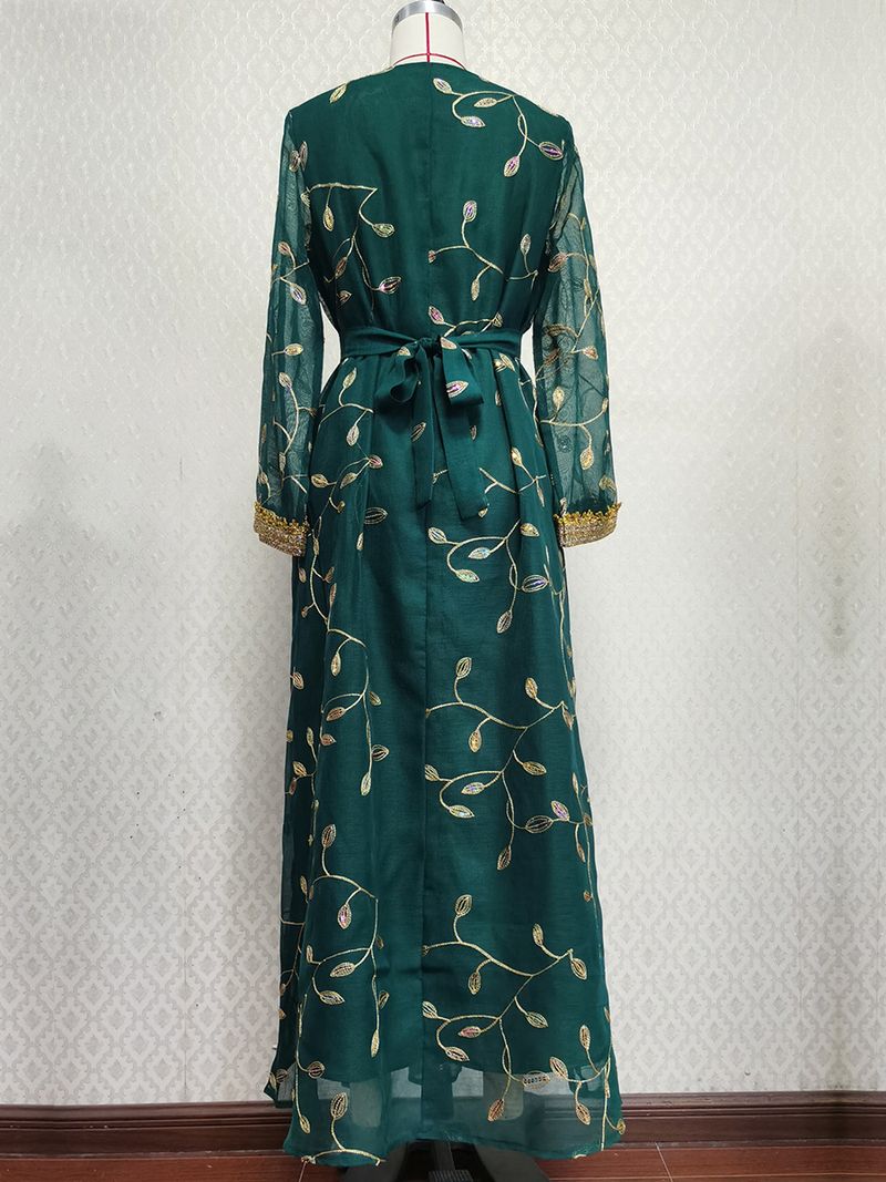 Exquisites, von Dubai inspiriertes, besticktes Abaya-Kleid für muslimische Frauen – Elegantes Party- und Abendkleid mit Blumenapplikation_voghion.com