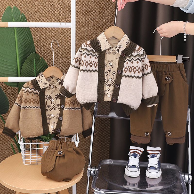 Ensemble trois pièces pour garçon, pull tricoté à manches longues, style britannique, mode automne 2025_voghion.com