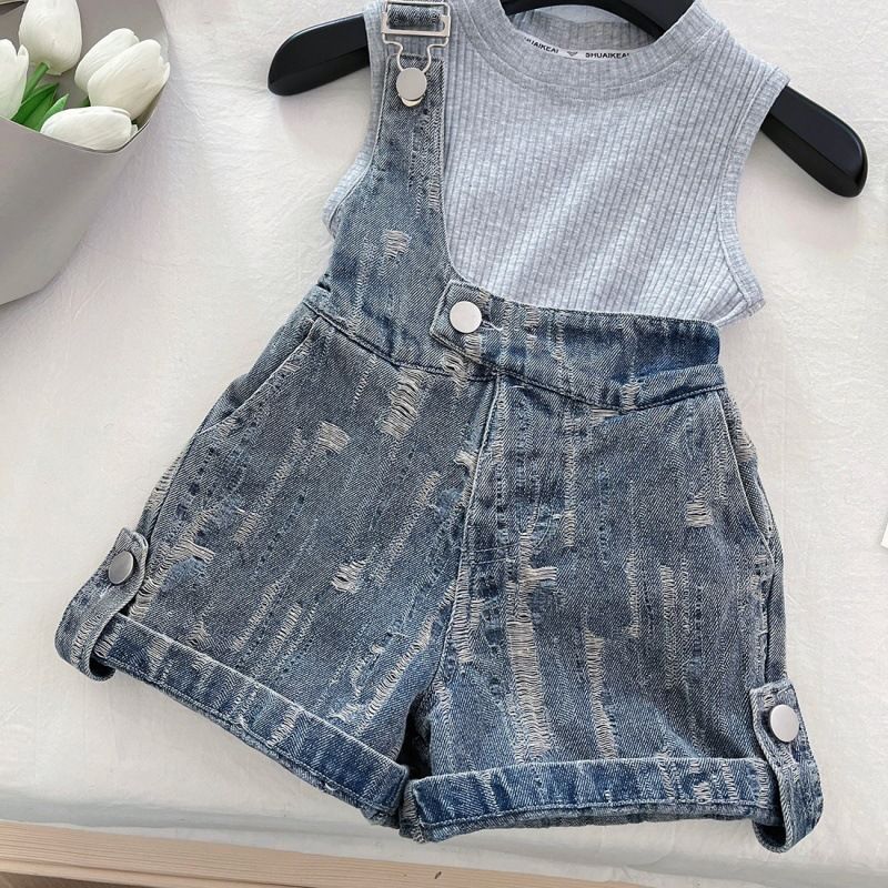 Vêtements pour enfants, ensemble d'été pour filles, haut sans manches et short en jean imprimé, ensemble deux pièces, tenue tendance pour bébé fille_voghion.com