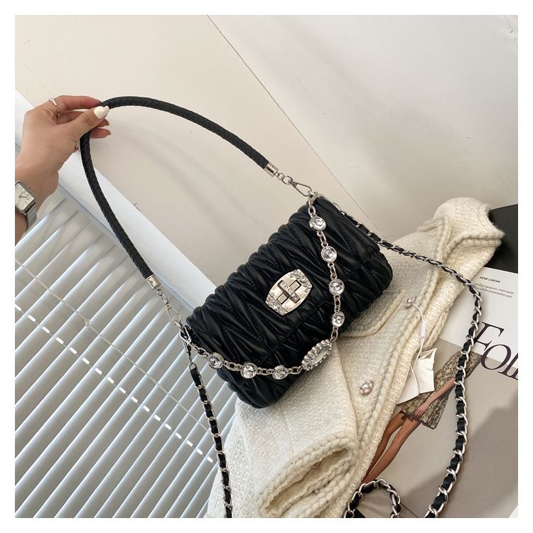 Fashionable and versatile niche chain bag one shoulder pleated diamond small fragrance style net celebrity ladies small bag ins shoulder bag_voghion.com