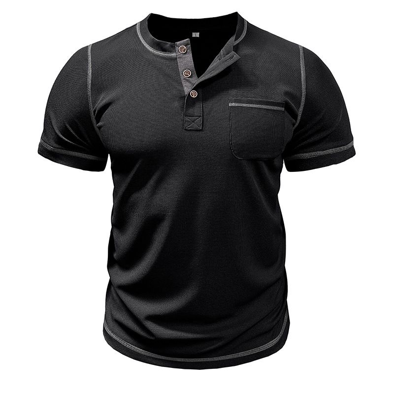 2024 Europäische und amerikanische Herrenbekleidung Rundhalsausschnitt Waffel Henry Kurzarm-T-Shirt Außenhandel Herrenknöpfe Kontrastierende helle Linie Boden_voghion.com