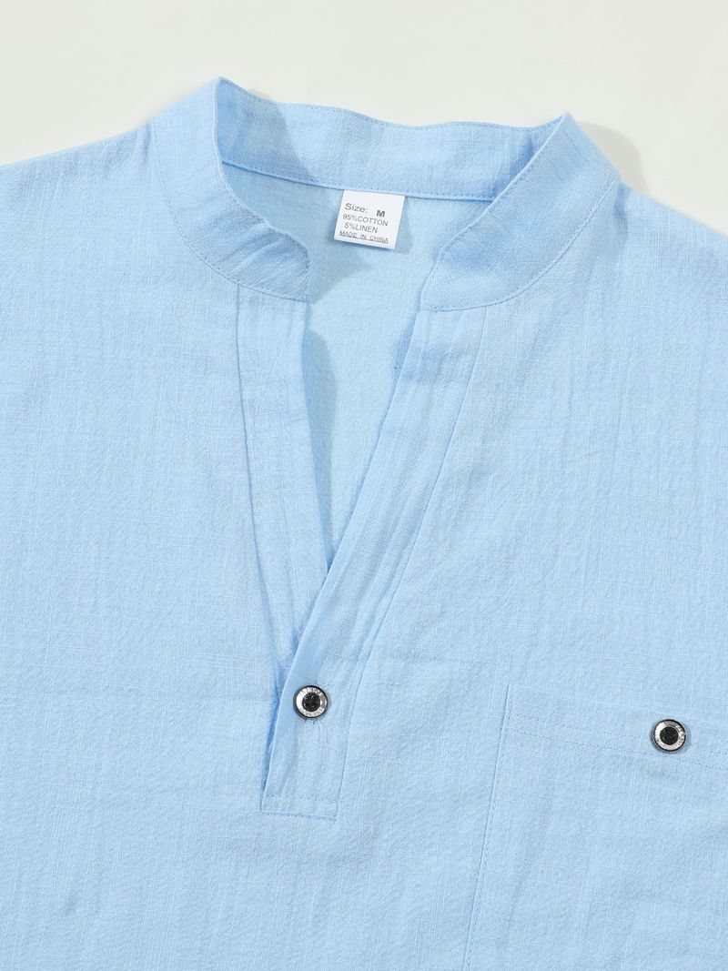 Camicia da uomo a maniche corte in lino e cotone – Collo alto traspirante, vestibilità comoda, casual (S-XXXL, blu navy/bianco/albicocca)_voghion.com