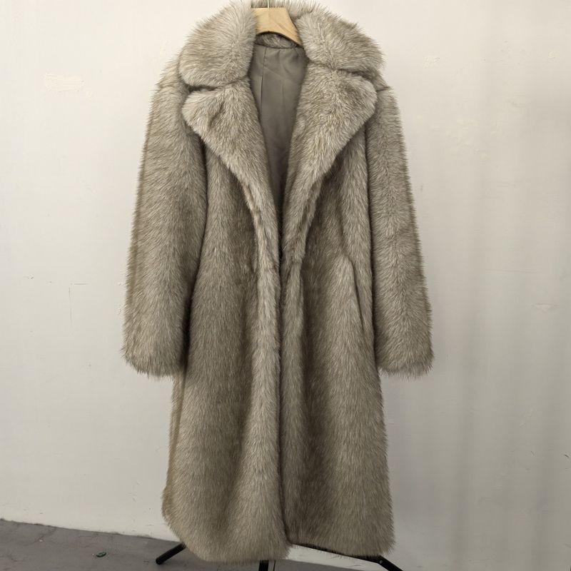 Damenbekleidung Hochwertiger Kunstpelz Umweltfreundlicher Damen Langer Kunstpelzmantel - Elegante Jacke Reverstaschen Individualisierbar_voghion.com