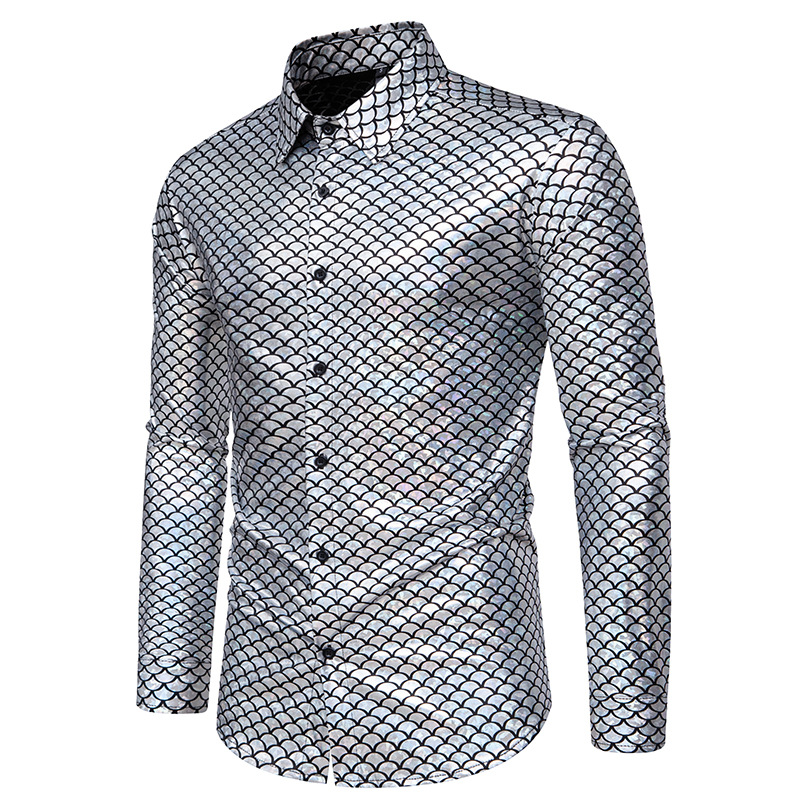 Abbigliamento da uomo Camicia a maniche lunghe da uomo alla moda per banchetto con stampa in oro a caldo in scala di pesce_voghion.com