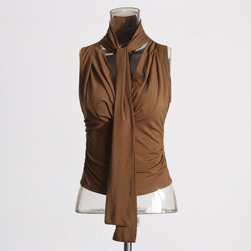 Abbigliamento da donna, top senza maniche con colletto a volant, nuovo temperamento, design con lacci plissettati, vestibilità attillata._voghion.com