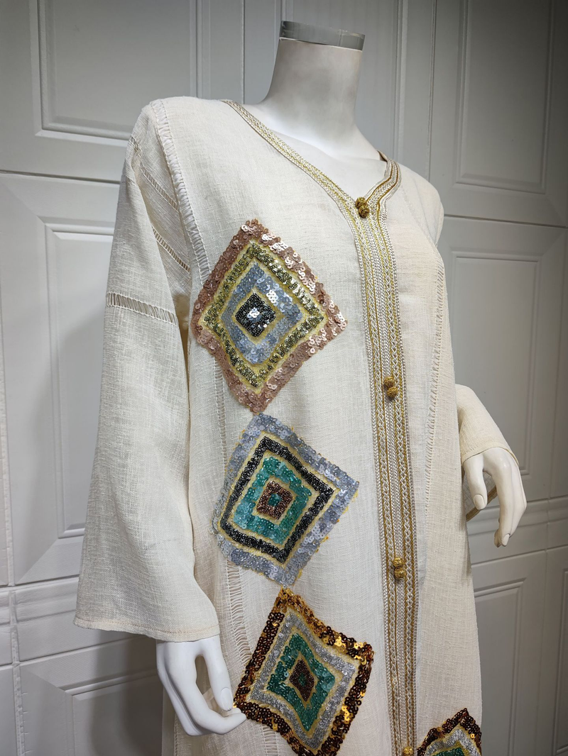 Gonna ricamata con paillettes quadrate, gonna ricamata in cotone e lino da donna musulmana, versione allentata della veste alla moda_voghion.com
