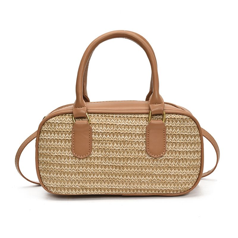 Borsa da donna in paglia intrecciata, piccola, quadrata, borsa a cuscino Boston, borsa a mano con colori a contrasto, borsa a tracolla_voghion.com