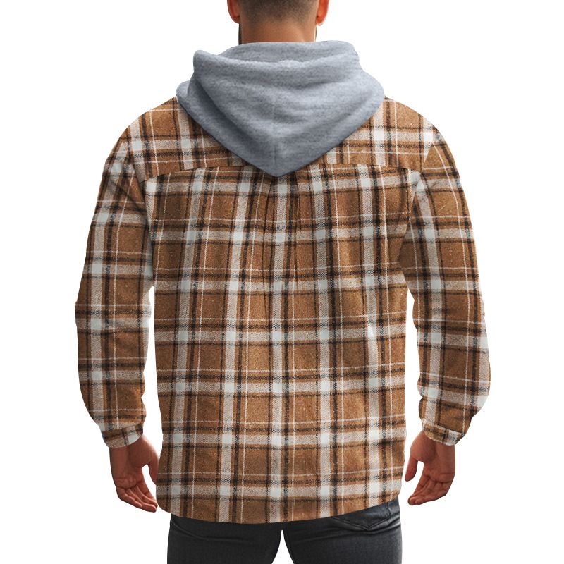 Camicia casual alla moda da uomo in stile americano, autunno inverno, con cappuccio, in flanella jacquard a quadri_voghion.com
