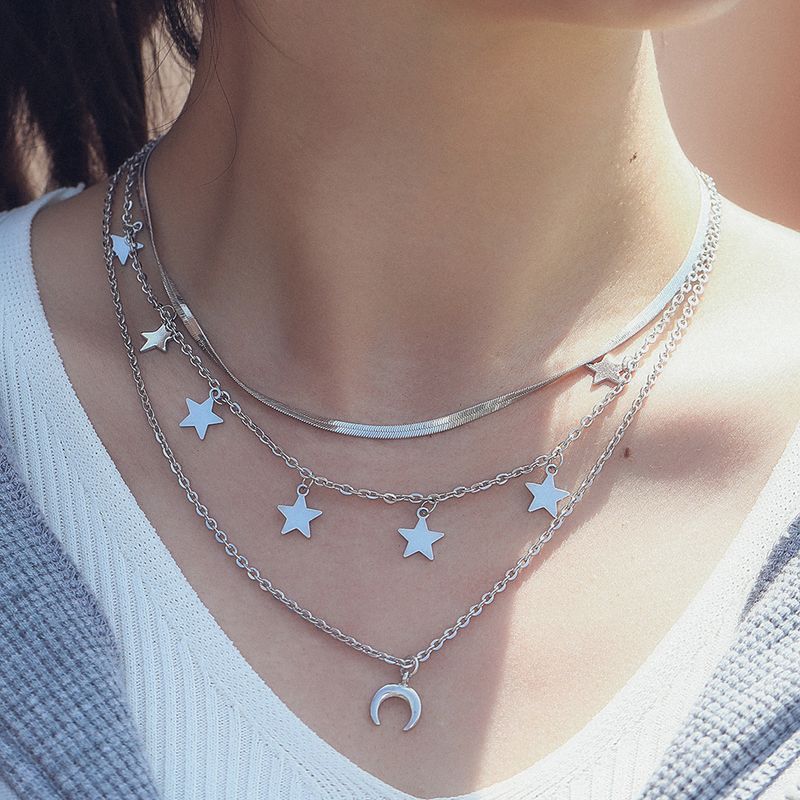 New Multi Layered Fashion Star Moon 3-layer Necklace Jewelry_voghion.com