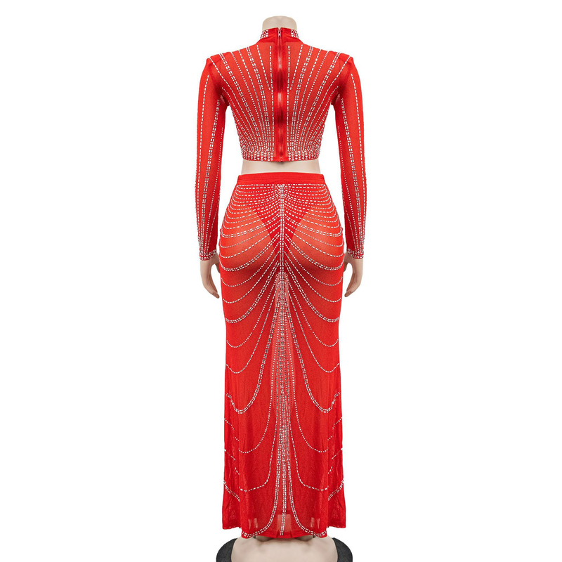 Kadın Giyim Mesh Mesh See Through Uzun Kollu Uzun Etek İki Parça Set_voghion.com