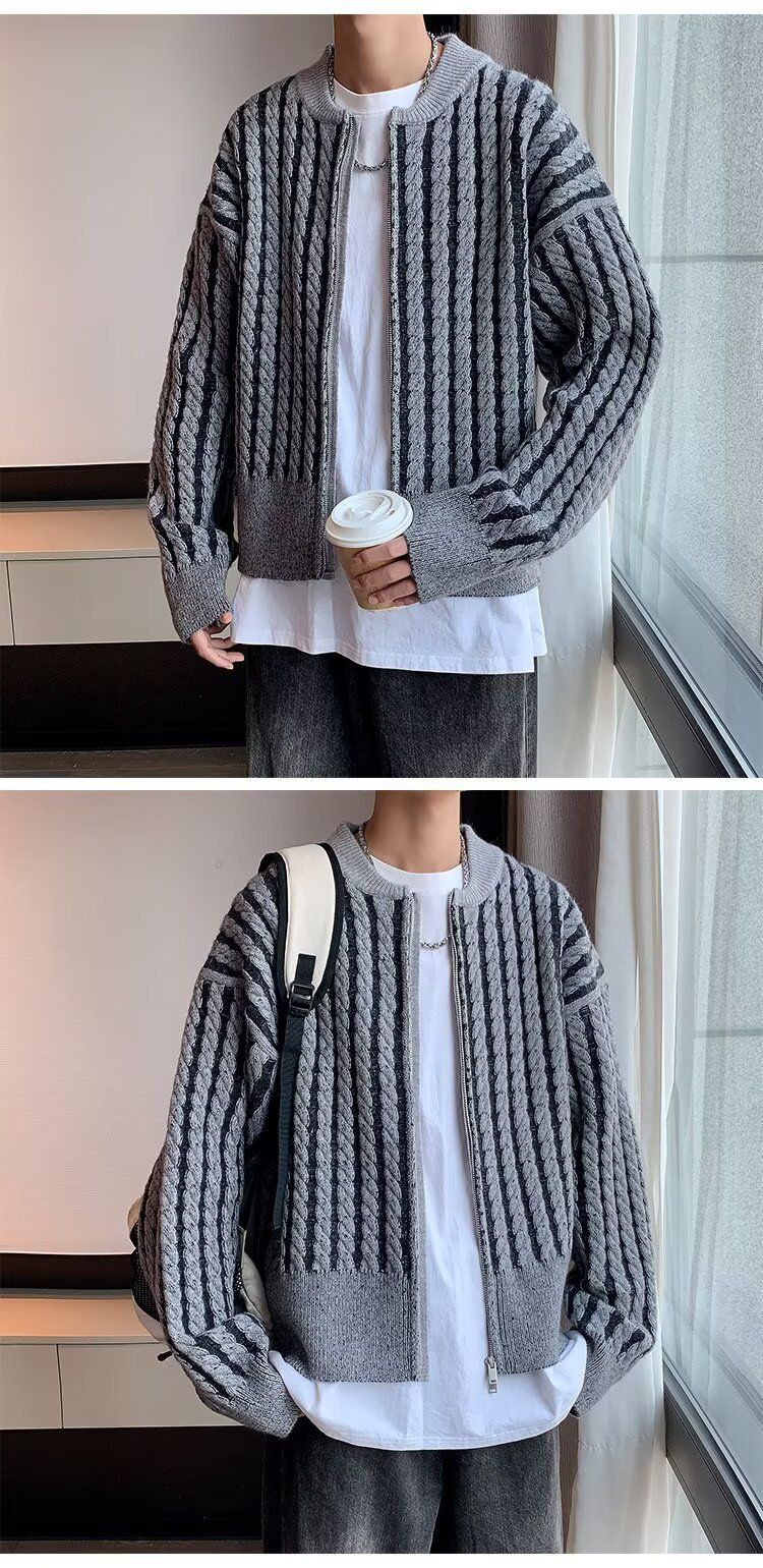 Herren-Strickpullover mit Retro-Streifen und Zopfmuster und Reißverschluss, lässige Strickjacke mit lockerer Passform für Herbst und Winter, trendige Mode_voghion.com