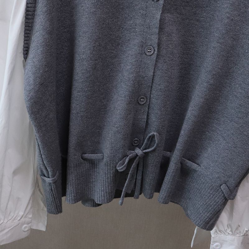 Camicia a maniche lunghe elegante e versatile in due pezzi, stile coreano, lavorata a maglia, patchwork, color-block, autunno 2025, per donna_voghion.com