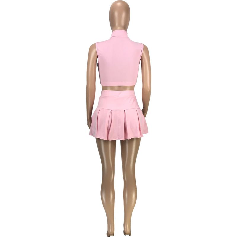 Damenmode lässig sexy einfarbig plissierte Taille schlanke Weste Culottes Sport zweiteiliges Set_voghion.com