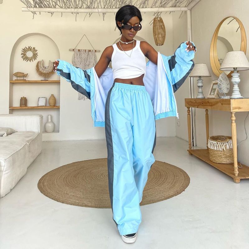 Women's Winter Sports Suit Zipper Color-Block Jacket Elastic Waist Floor-Length Pants Two-Piece Set Trendy Style_voghion.com