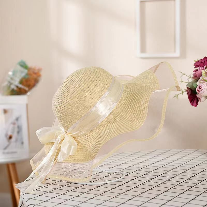 Kannerhut Mesh Stréi Sonneschutz Spitz Grouss Daach Wellenrand Strand Fëscherhut Koreanesch Versioun Schleif_voghion.com