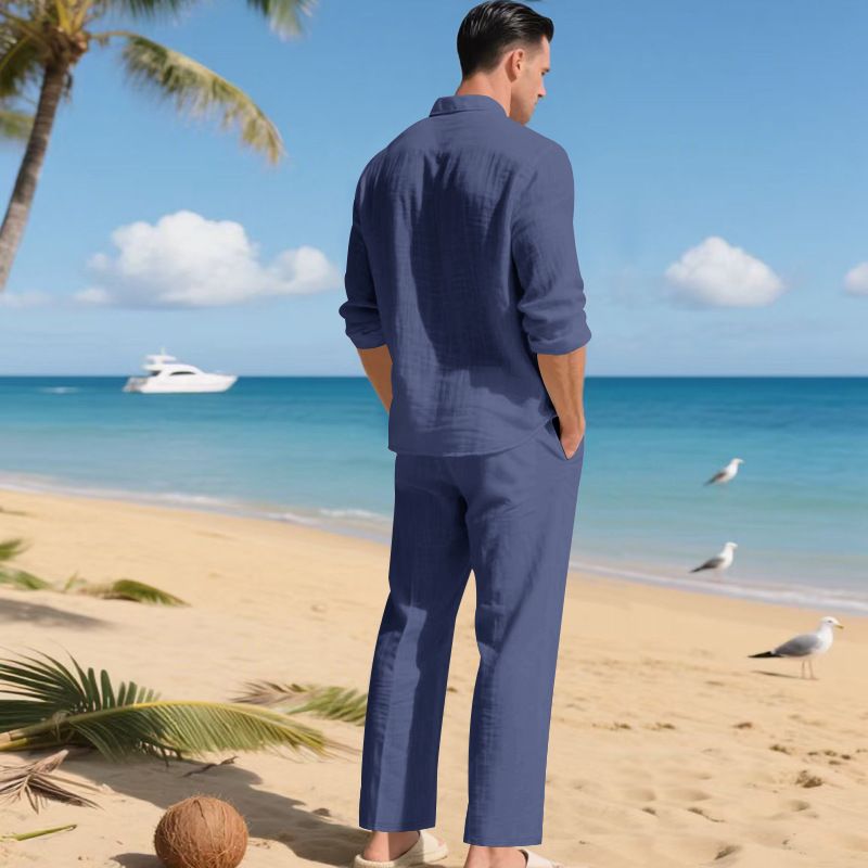 Set di pantaloni da spiaggia con risvolto semplice, camicia a maniche lunghe, tinta unita, stile europeo e americano, da uomo, stile autunnale, ampio e alla moda_voghion.com