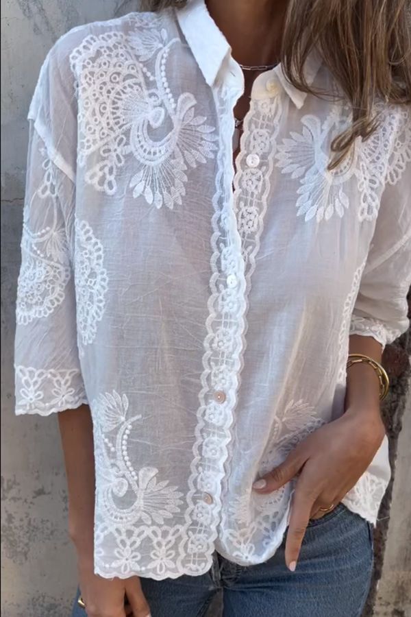 Abbigliamento da donna Camicia a maniche lunghe con ricamo retrò, da donna, autunno, casual, ampia, con colletto a polo e bottoni_voghion.com