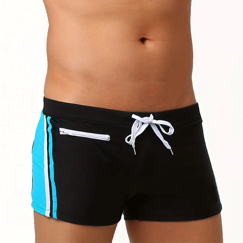 2024 Men's Clothing foreign trade new men's color-blocked zipper tether slim fit boxer shorts for swimming and beach manufacturers in stock_voghion.com