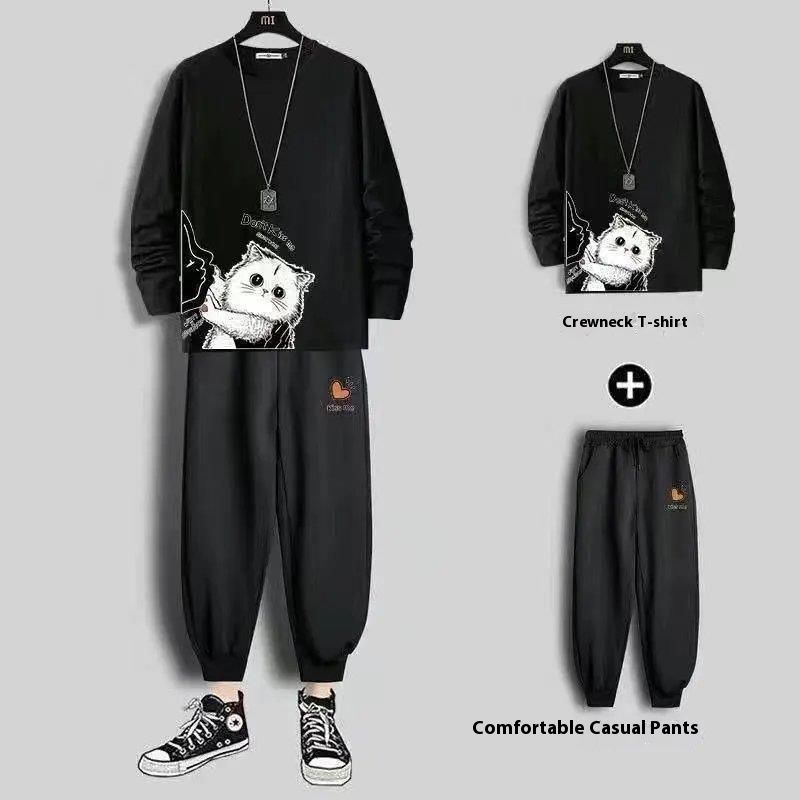 Men's autumn two-piece set, long sleeved T-shirt, plus size student sports suit, casual one set of clothes, men's pants_voghion.com