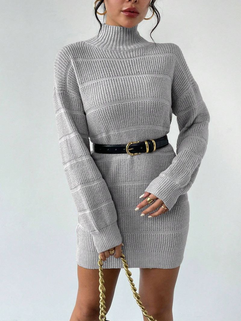 Slim-Fit Ribbed Knit Dress – Versatile Mock Neck Long Sleeve Bodycon Dress For Women (Black/White/Wine, S-XL)_voghion.com