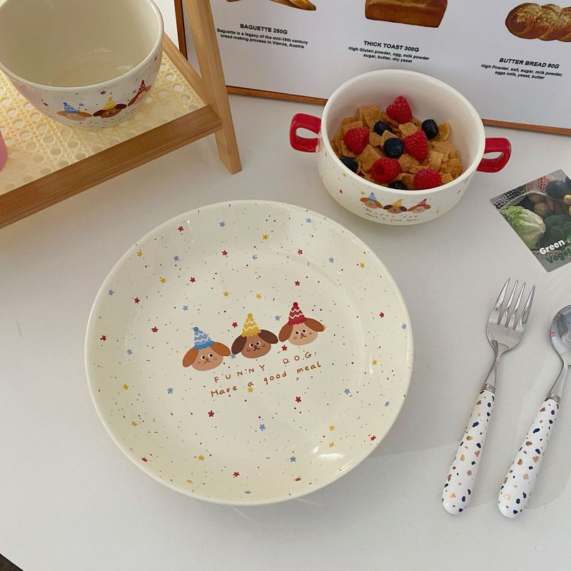 Ins Style Korean Polka Dot Puppy Creative Household Dish Divided Plate Rice Bowl Cute Ceramic Cup Saucer_voghion.com