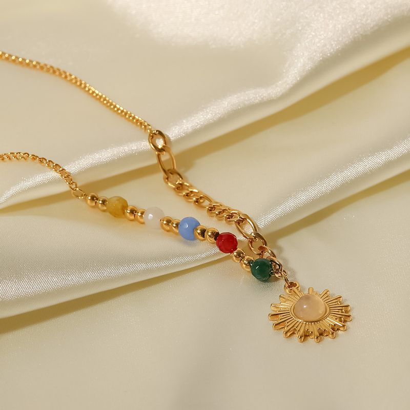 Uworld Natural Stone Opal Sun Beads Stainless Steel Chain Pendant Necklace 2024 Fashion Charm Handmade Jewelry Women_voghion.com