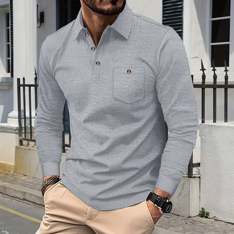 Klassisches Poloshirt aus Waffelstrick – Langarm-Knopfkragen mit Tasche (Khaki/Schwarz/Grau/Weinrot/Grün/Weiß, S-XXXL)_voghion.com
