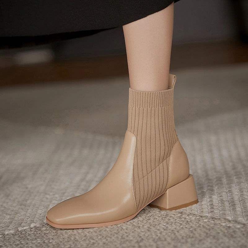 35-43 Large Size Shoes Thick Martin Women's 41 Square Toe Mid Heel Stretch Sock Knitted Slim Short Boots 42_voghion.com