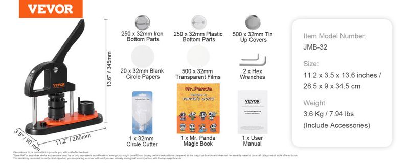 Button Maker, 1.25 inch/32mm Pin Maker with 500pcs Button Parts, Ergonomic Arc Handle Punch Press Kit, Button Maker Machine with Panda Magic Book, For_voghion.com