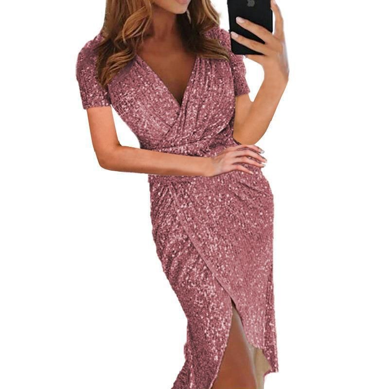Ženska oblačila, nova vroče žigosana seksi midi krilo z dolgimi rokavi, V-izrez, formalna večerja, slim fit obleka za ženske_voghion.com
