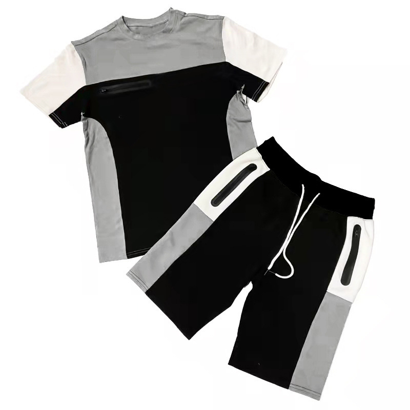 Costume d'été T-shirt à manches courtes col rond décontracté patchwork couleur contrastée ensemble deux pièces pour hommes_voghion.com