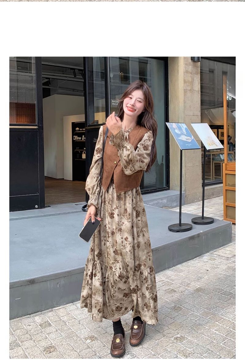 Tenue de début d'automne 2025, robe florale douce de style français, ensemble deux pièces avec gilet en daim Melad_voghion.com