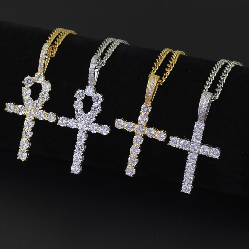 Collana da uomo con ciondolo a forma di croce egizia Ankh con micro pavé di zirconi e catena cubana da 4 mm in stile hip-hop_voghion.com