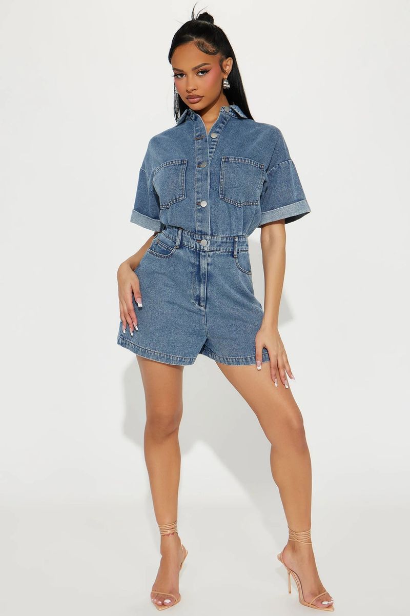 Salopetă din denim spălat, cu mânecă scurtă și elastică, lejeră, pentru femei_voghion.com