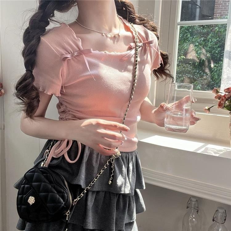 Maglietta estiva da donna con scollo quadrato e maniche a spalla, modello corto francese, vestibilità attillata, stile balletto rosa, dolce e piccante_voghion.com