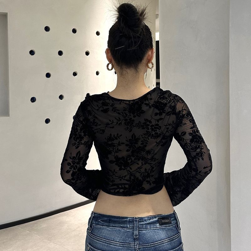 Maglietta a maniche lunghe slim fit in rete trasparente sexy, nuova moda estiva 2025 da donna_voghion.com