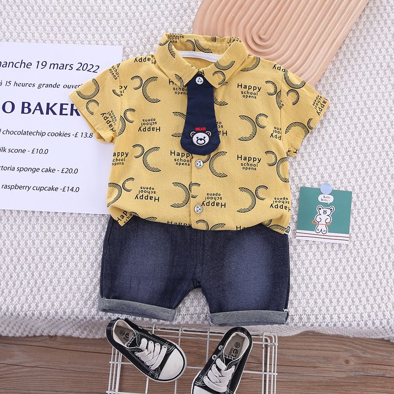 Korean version of children's cartoon cute printed lapel T-shirt short sleeved summer 2024 boys tie shirt two-piece set_voghion.com