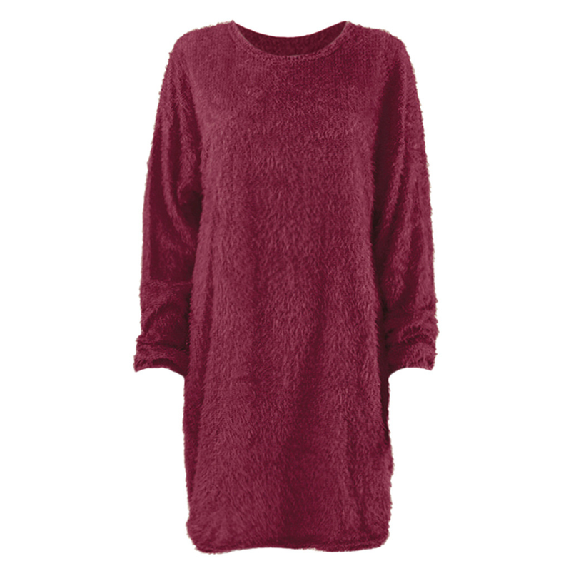 Robe ample en peluche mi-longue à manches longues et col rond pour femme automne/hiver 2023_voghion.com