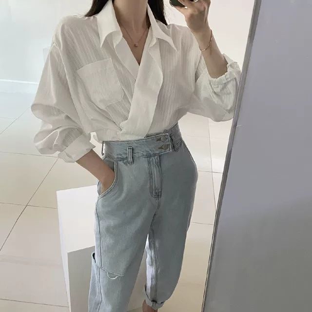 2024 Spring and Autumn New Korean Chic Gentle Striped White Collar Single breasted Loose Casual Long Sleeve Shirt_voghion.com
