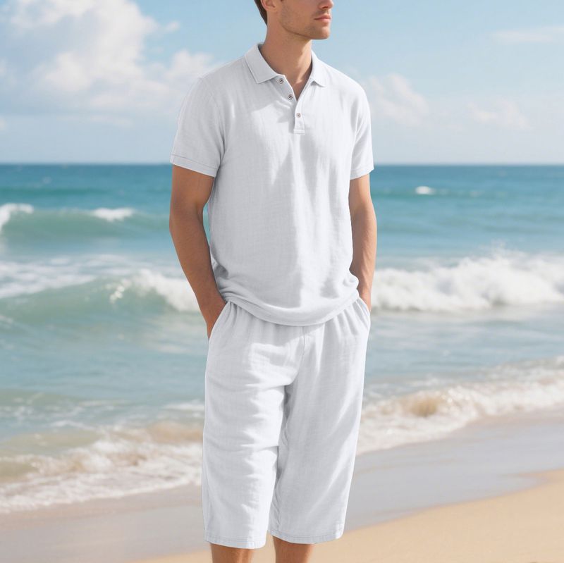 Polo da uomo estivo, casual, ampio, traspirante, in lino, con maniche corte e pantaloni a sette quarti_voghion.com
