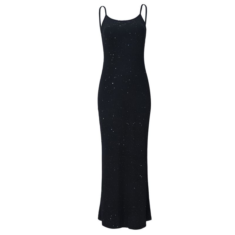 Sexy rückenfreies, figurbetontes Kleid mit Strassträgern – ärmelloses, langes Sommerkleid mit Schlitz für Frauen, dehnbare Clubwear aus Strick, elegant und lässig_voghion.com