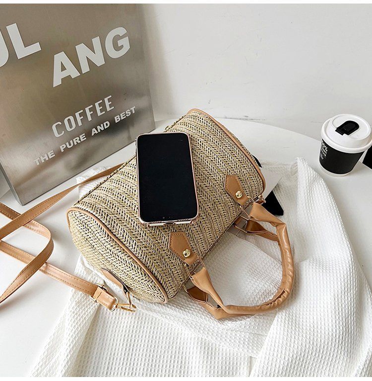 Women's Bags Trend Contrast Drum Bag Pillow Bag Handbag Straw Simple Shoulder Bag Diagonal Bag Handbag_voghion.com